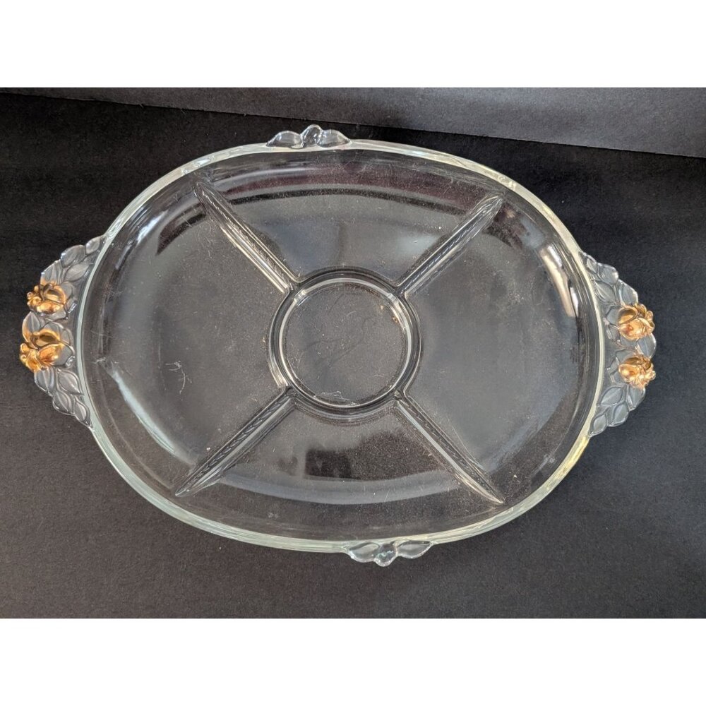 Vintage Mikasa Guilded Rose Glass Divided Serving Platter